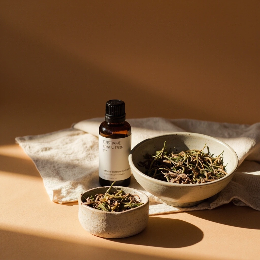 Dried damiana leaves in a ceramic bowl beside a botanical oil bottle.